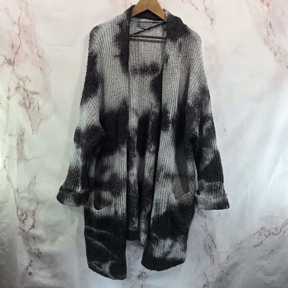 By Anthropologie Cardigan Womens 1X Black Gray Tie Dye Sweater Avalon Wool Open
